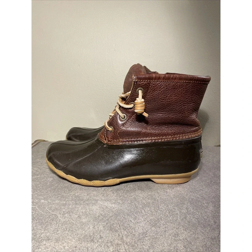 Sperry Women's Sz 6 Bootie Saltwater Duck Waterproof Rubber‎ Brown Boots Gum